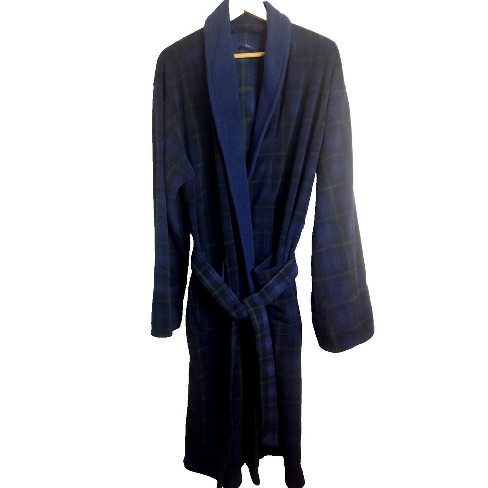 Men’s VTG Stafford Flannel OSFA Robe Navy Blue Green Plaid Bath Robe Loungewear
